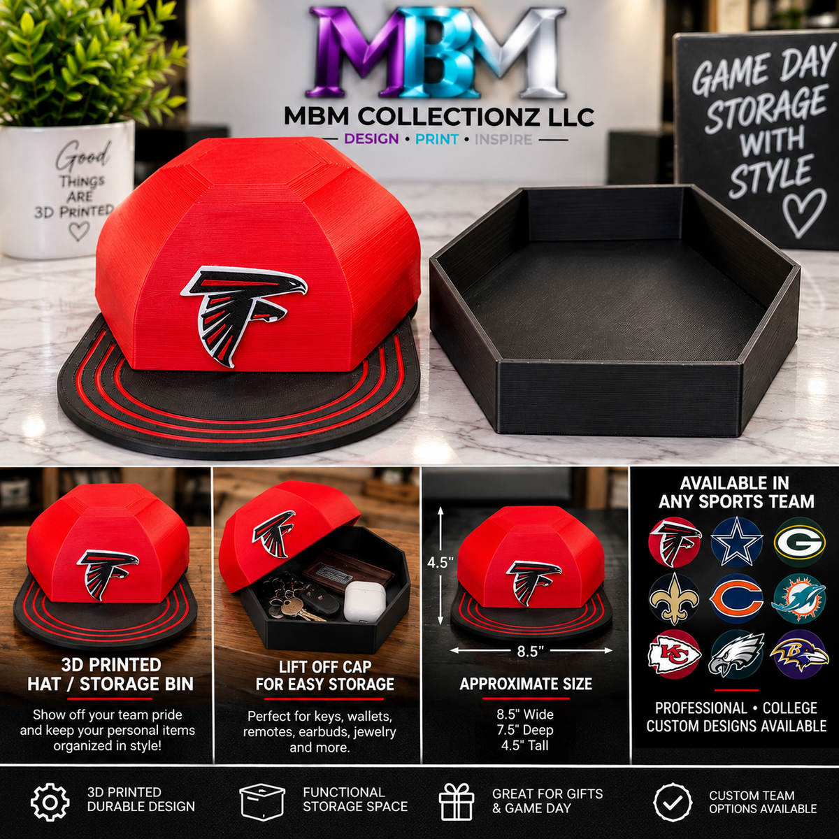 3D printed sports team hat storage bin
