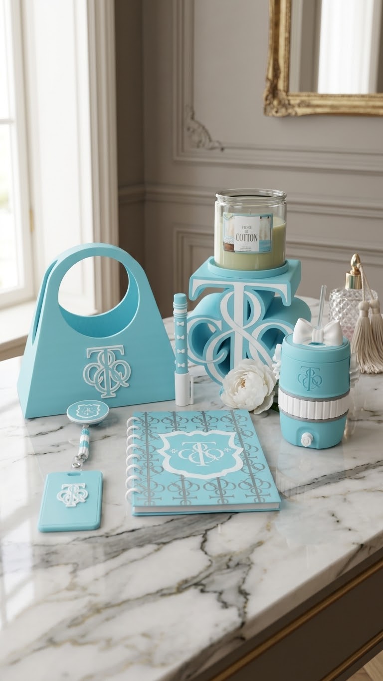 Ice Blue and White Luxury 3D Printed Desk Set | Purse Organizer, Can Holder, Notebook & Accessories