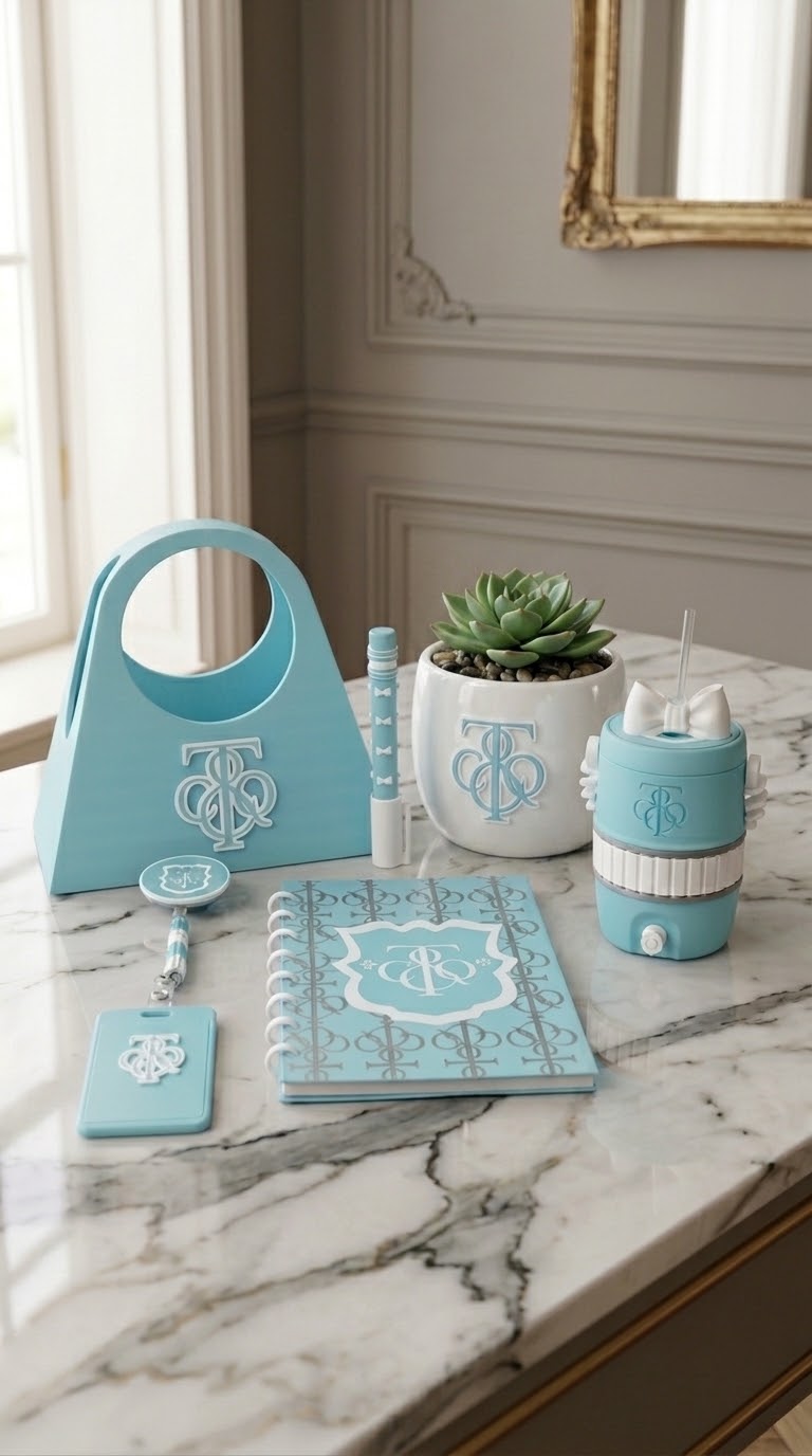 Ice Blue and White Luxury 3D Printed Desk Set | Purse Organizer, Can Holder, Notebook & Accessories
